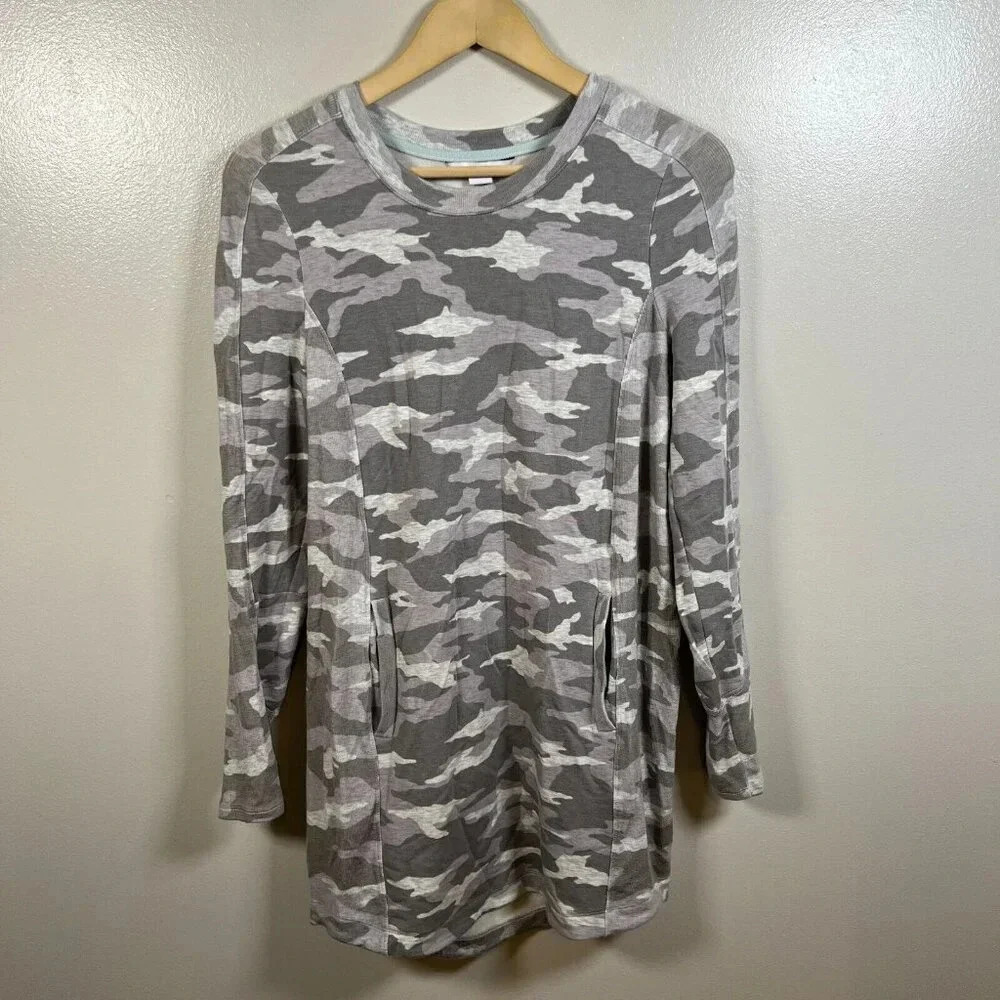 Athleta Balance Sweatshirt Dress Size Small Gray Athletic Camo Stretch Travel